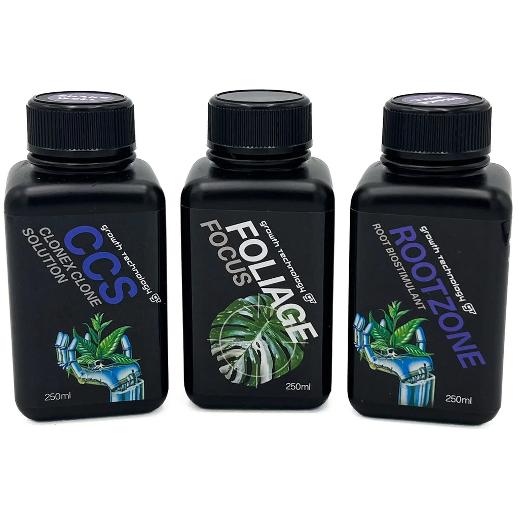 Growth Technology Starter Bundle including Foliage Focus, RootZone, and Clonex solution for healthy indoor plants. Chalet Boutique, Australia.