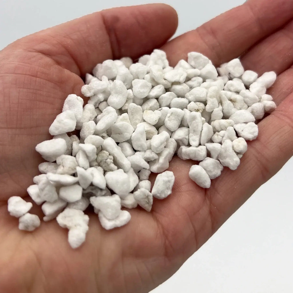 Hand holding Premium Coarse Perlite for soil aeration and drainage, ideal for rare indoor plants in Australia. Chalet Boutique, Australia.